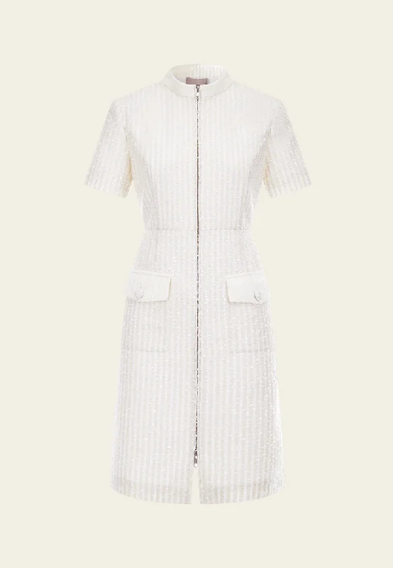 Beige White Stand Collar Zip-Up Tweed Dress