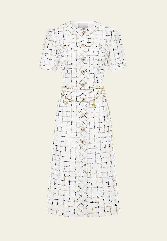 Prestige White Check Tweed Dress with Chain Belt