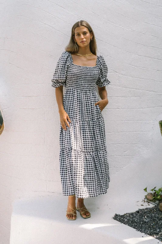 Gabrielle Black Gingham Puff Sleeve Tiered Midi Dress