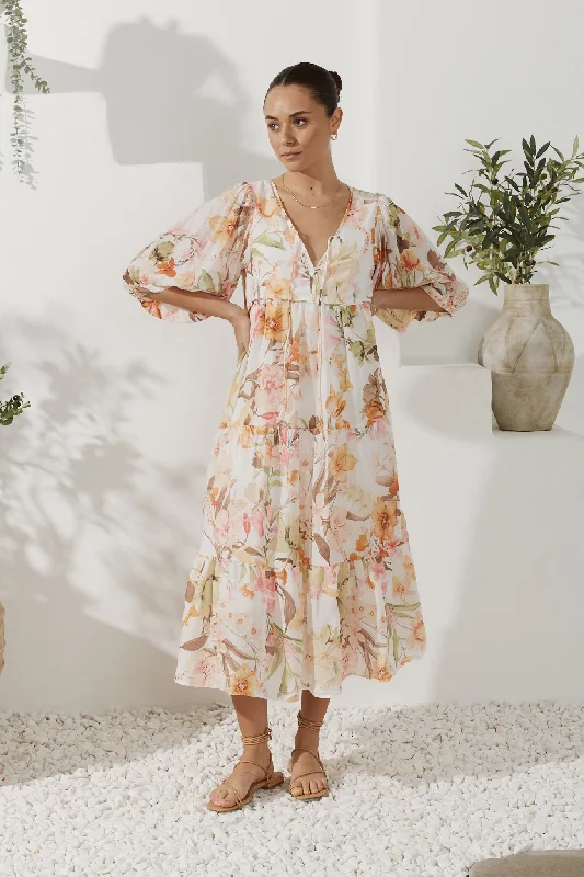 Lillian Orange Floral Midi Dress