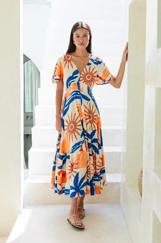 Tropicana Blue Orange Abstract V-Neck Midi Dress