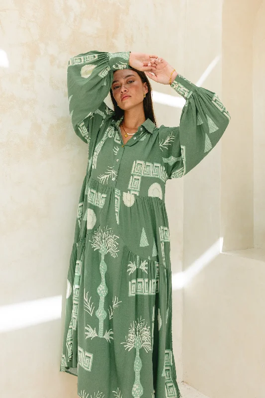 Verda Green Tropical Long Sleeve Midi Dress