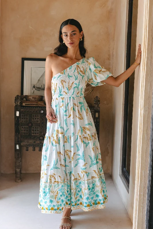 Wisteria Blue Tropical Boho One Shoulder Midi Dress