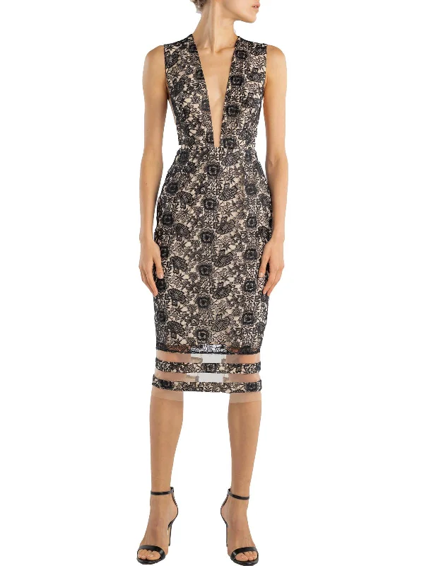 Kendall Womens Lace Overlay Plunging Cocktail and Party Dress