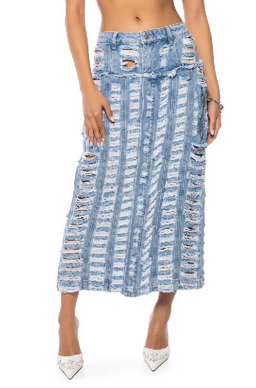 KENNIE DISTRESSED DENIM MIDI SKIRT