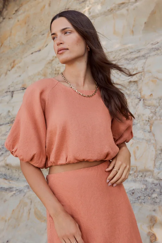 Matty Terracotta Linen Bubble Sleeve Top