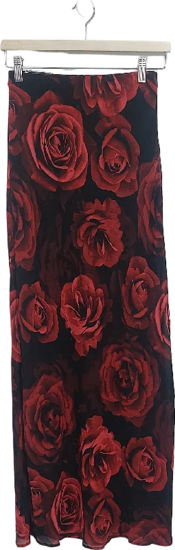 No Label Needed Red Rose Floral Chiffon Maxi Skirt UK 8