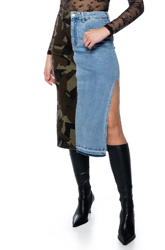 SEEING DOUBLE DENIM MIDI SKIRT