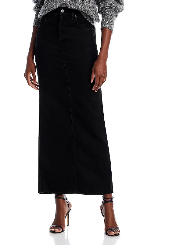 Womens Mid Rise Long Denim Skirt