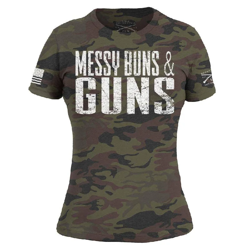 Women's Messy Buns & Guns T-Shirt - Woodland Camo