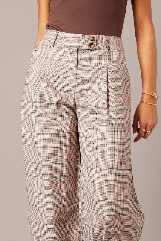 Beige Check Wide Leg Pants Tailored