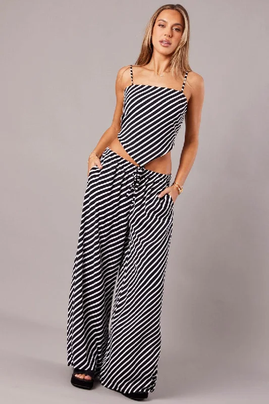 Black Stripe Wide Leg Pants High Rise