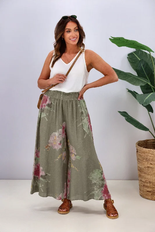 Cali & Co Wide Leg Linen Floral Pant Khaki