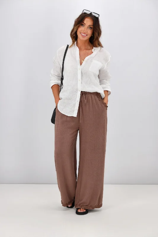 Grace & Co Ric Rac Trim Linen Pants Chocolate