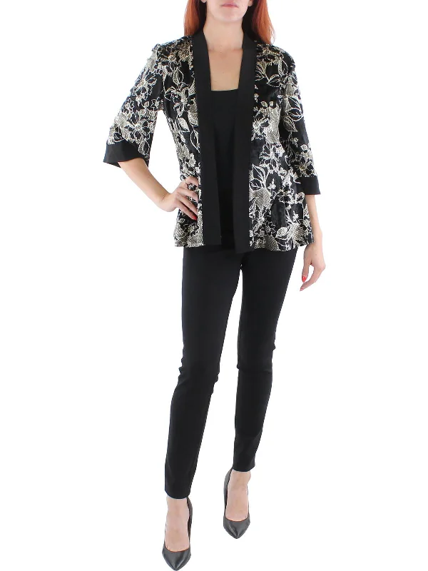 Petites Womens Velvet Metallic Open-Front Blazer