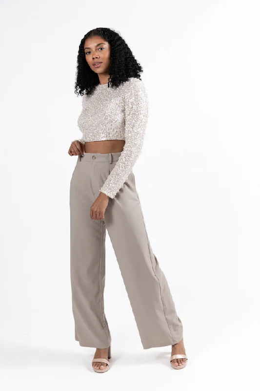 Swept Away With You Taupe Tailored Wide Leg Pants